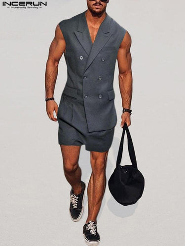 Men's One piece Rompers Solid Lapel Sleeveless Double Breasted Elegant Casual Overalls Say It On Tees Now