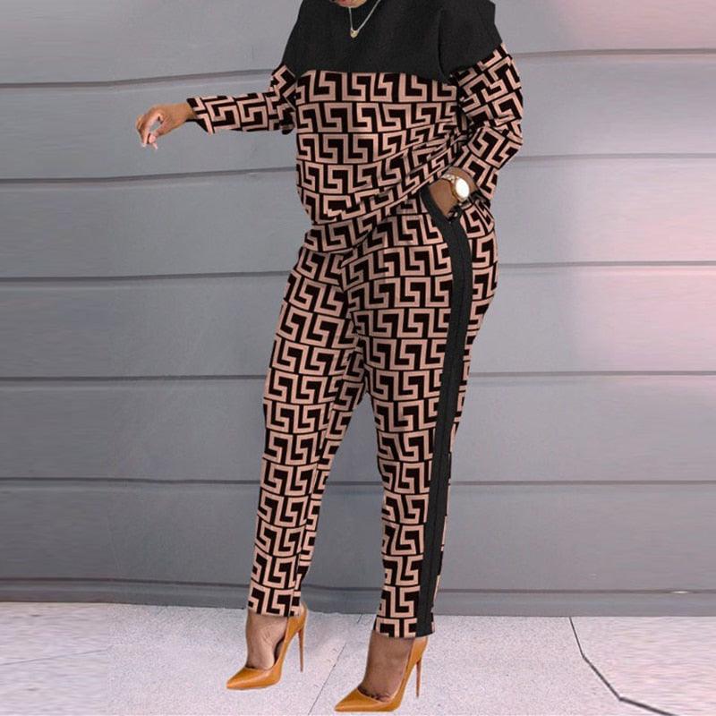 Women's Two Piece Casual Long Sleeve Crop Top and Loose Pants Set