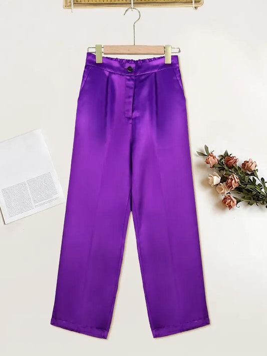 Women's High Elastic Waist Purple Pencil Capri with Pockets Shiny Trousers Say It On Tees Now