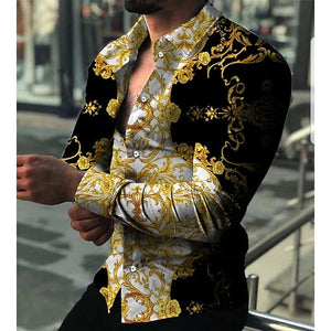 Men's Silk Shirt Luxury silk Dress Shirt Gold Chain Printed Long Sleev