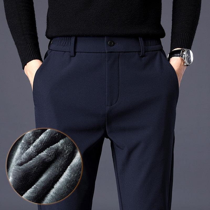 Men's Winter Warm Fleece Pants Thick Business Stretch Slim Fit Elastic Waist Classic Trousers Male - Say It On Tees Now