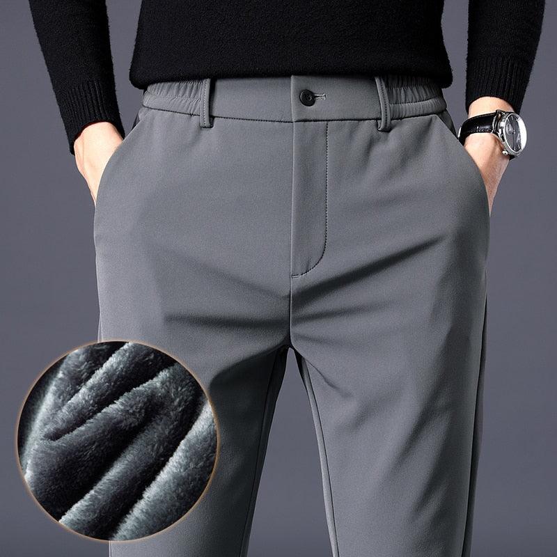 Men's Winter Warm Fleece Pants Thick Business Stretch Slim Fit Elastic Waist Classic Trousers Male - Say It On Tees Now
