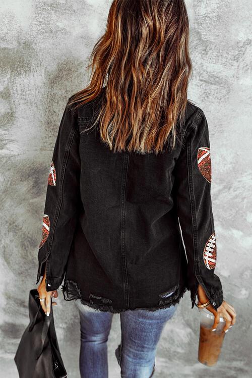 Sequin Football Patch Snap Down Distressed Jacket Trendsi