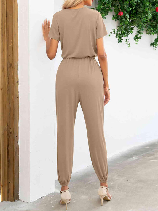Short Sleeve V-Neck Jumpsuit with Pockets Trendsi